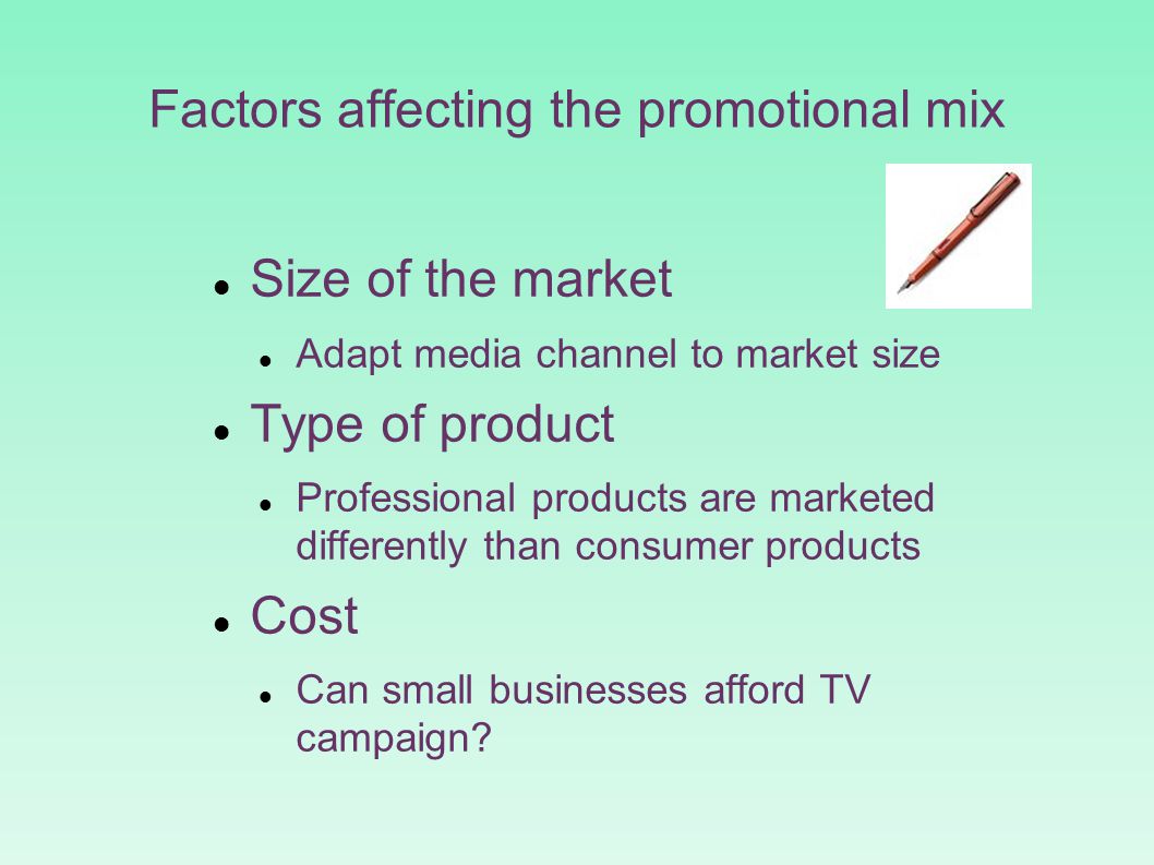Factors affecting the promotional mix Size of the market Adapt media channel to market size Type of product Professional products are marketed differently than consumer products Cost Can small businesses afford TV campaign