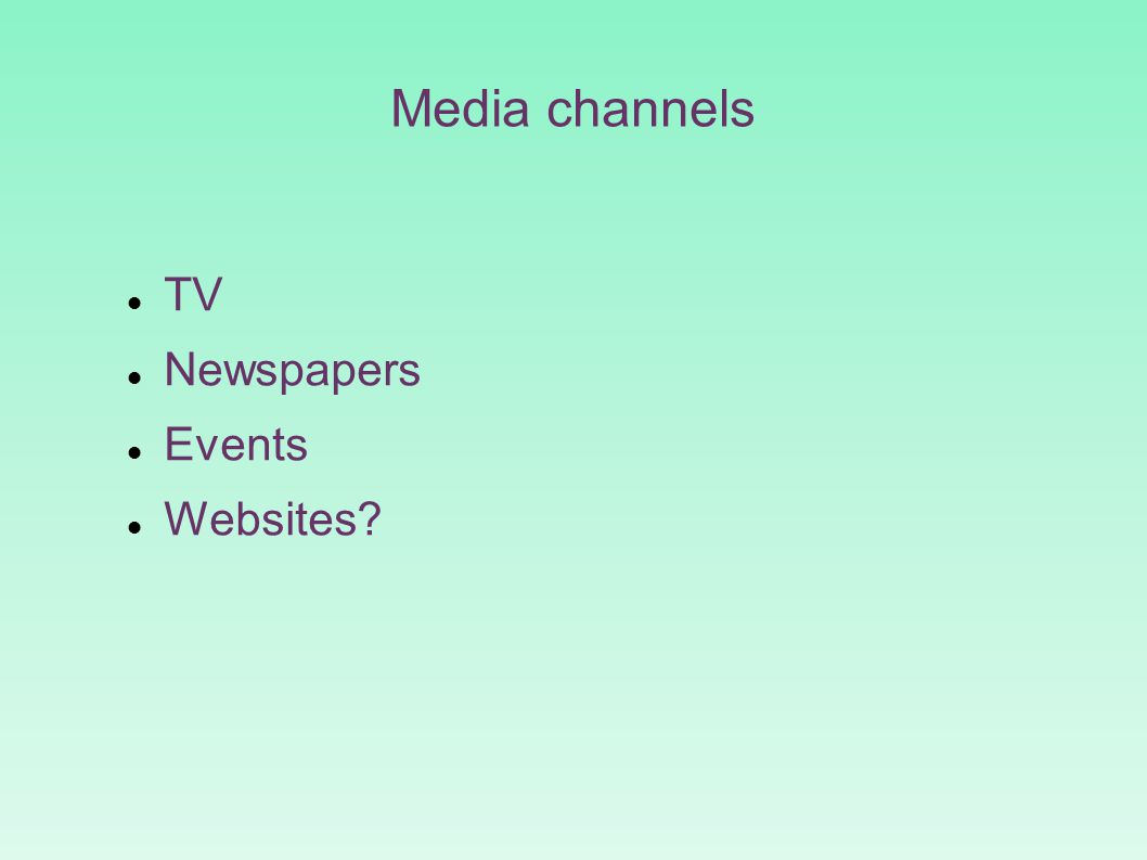 Media channels TV Newspapers Events Websites