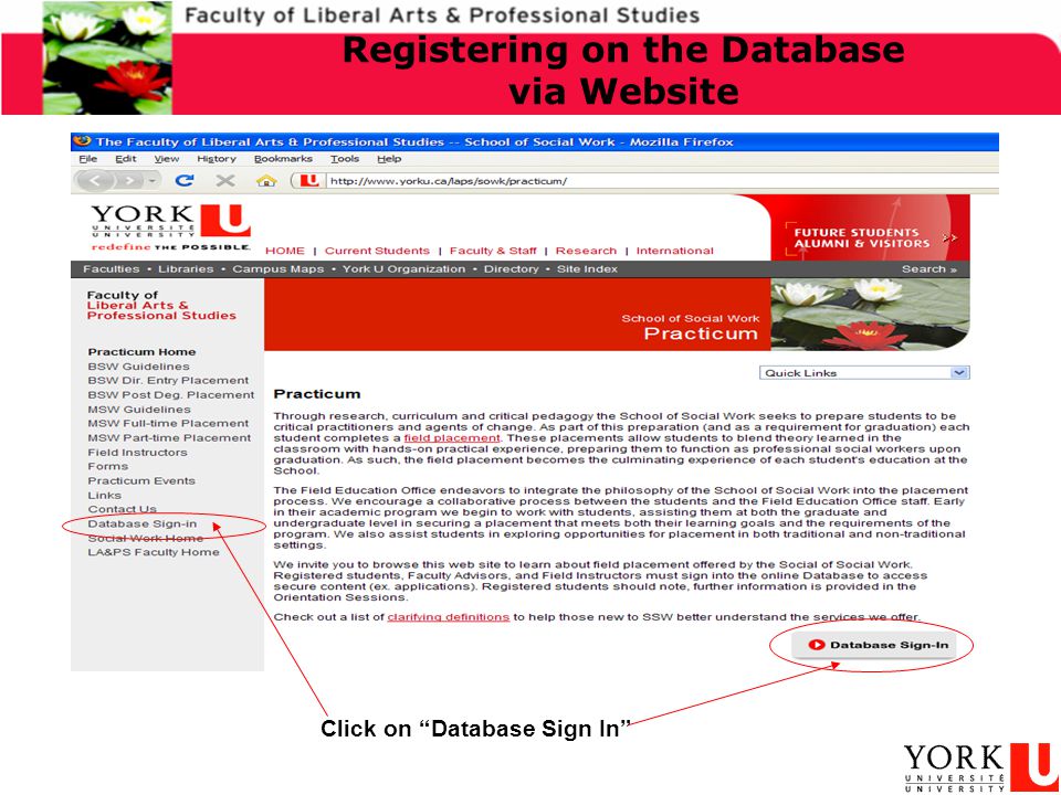 Click on Database Sign In Registering on the Database via Website