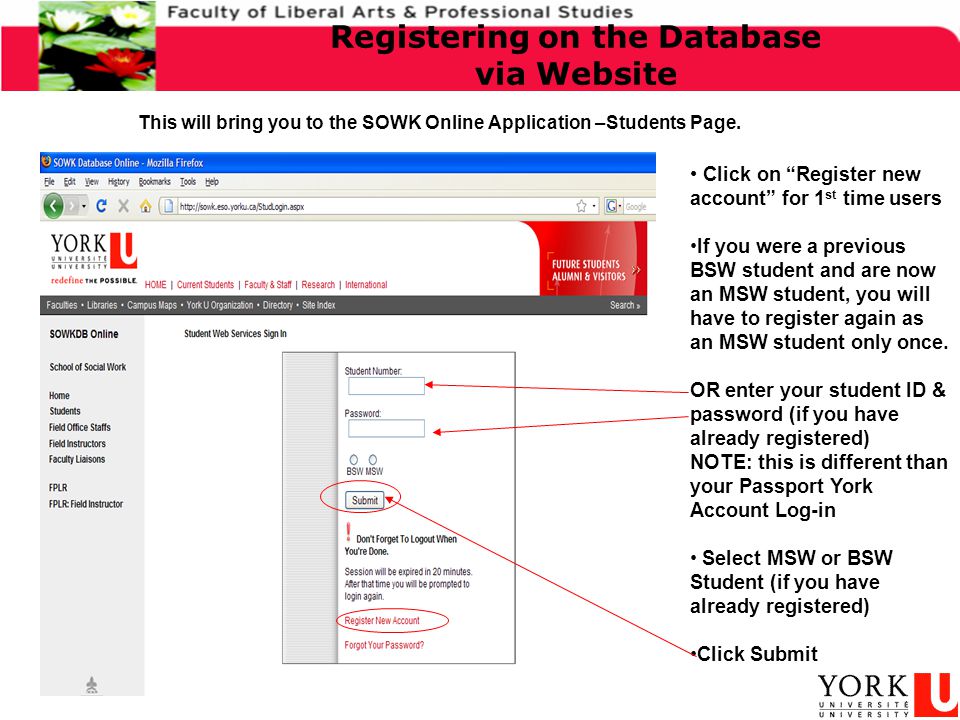 This will bring you to the SOWK Online Application –Students Page.