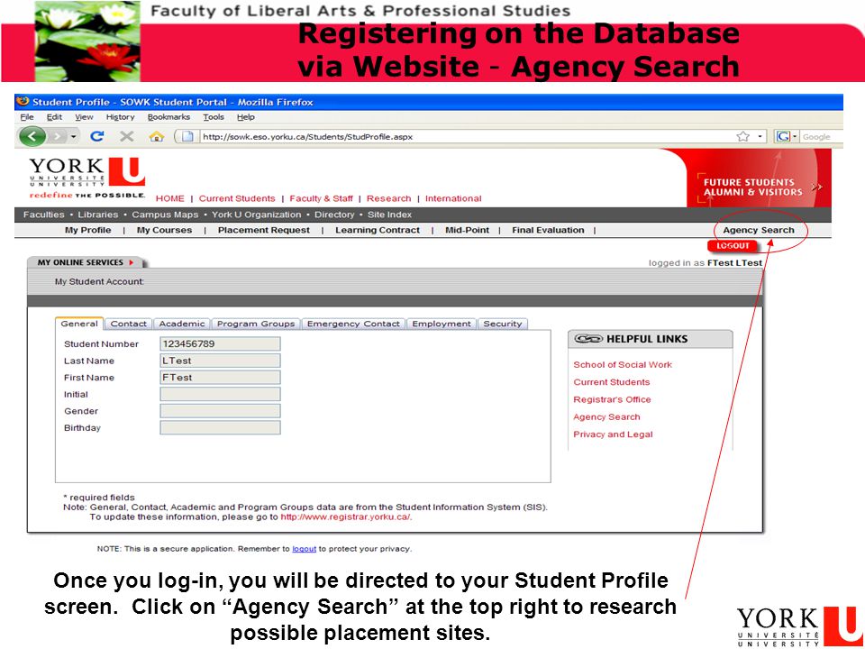 Once you log-in, you will be directed to your Student Profile screen.