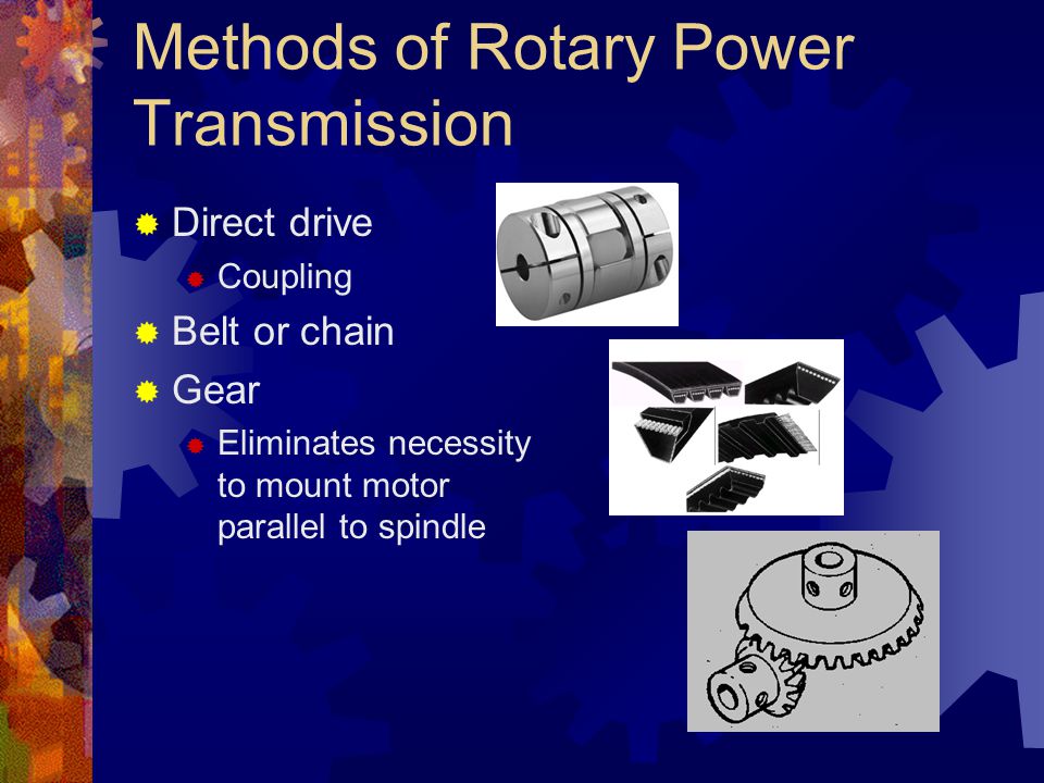 Methods of Rotary Power Transmission  Direct drive  Coupling  Belt or chain  Gear  Eliminates necessity to mount motor parallel to spindle