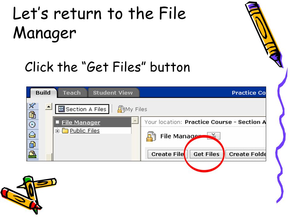 Let’s return to the File Manager Click the Get Files button