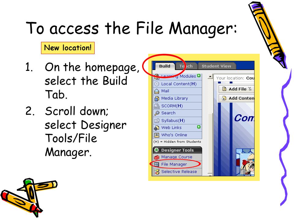 To access the File Manager: 1.On the homepage, select the Build Tab.