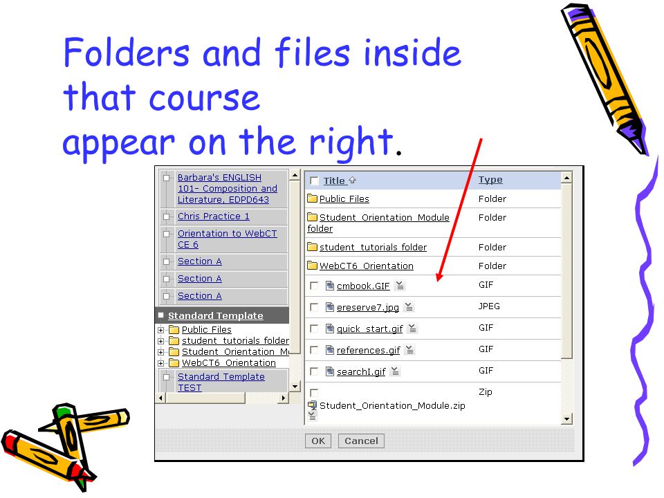 Folders and files inside that course appear on the right.