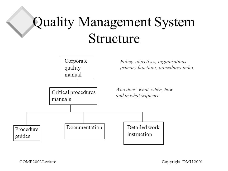 COMP2002 LectureCopyright DMU 2001 Quality Management System Structure Corporate quality manual Critical procedures manuals Procedure guides DocumentationDetailed work instruction Policy, objectives, organisations primary functions, procedures index Who does: what, when, how and in what sequence