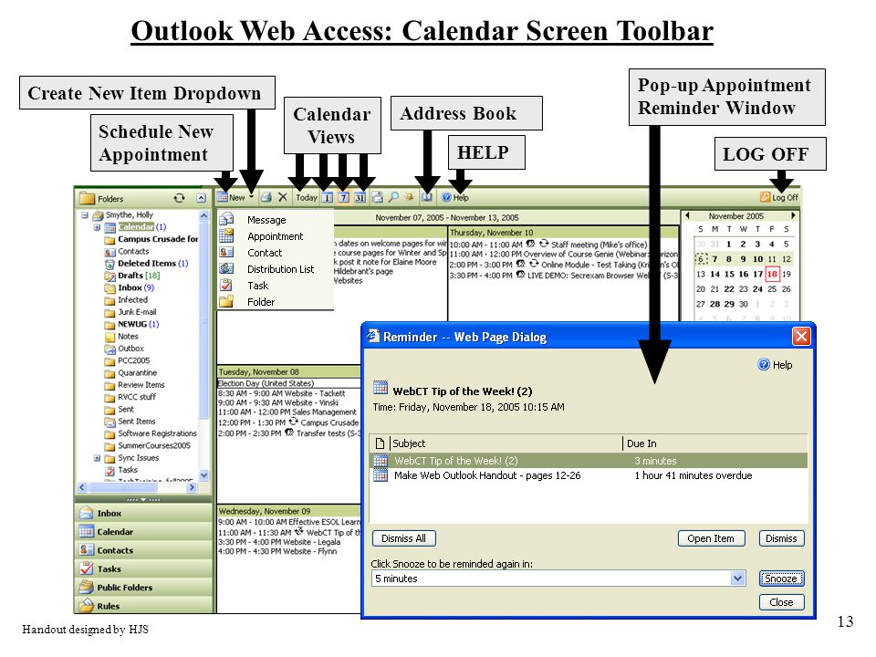 13 Outlook Web Access: Calendar Screen Toolbar Handout designed by HJS LOG OFF Schedule New Appointment Create New Item Dropdown Calendar Views Address Book HELP Pop-up Appointment Reminder Window