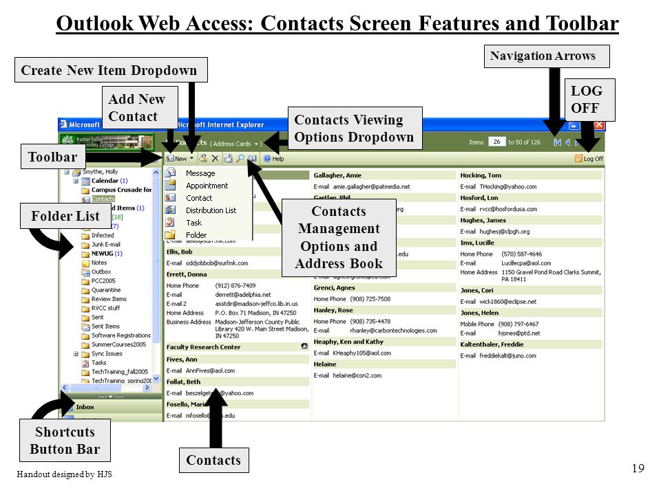 19 Outlook Web Access: Contacts Screen Features and Toolbar Toolbar LOG OFF Handout designed by HJS Add New Contact Create New Item Dropdown Contacts Contacts Viewing Options Dropdown Navigation Arrows Shortcuts Button Bar Folder List Contacts Management Options and Address Book