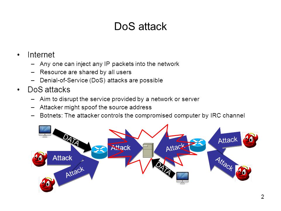 Internet –Any one can inject any IP packets into the network –Resource are shared by all users –Denial-of-Service (DoS) attacks are possible DoS attacks –Aim to disrupt the service provided by a network or server –Attacker might spoof the source address –Botnets: The attacker controls the compromised computer by IRC channel Botnet –The attacker controls the compromised computer by IRC (Internet Relay Chat) channel –SYN flood, ICMP flood and HTTP flood Attack 2 DoS attack Attack DATA Attack DATA