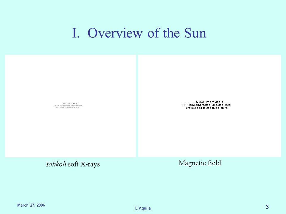 March 27, 2006 L’Aquila 2 SUMMARY OF LECTURE I. Overview of the Sun 2.