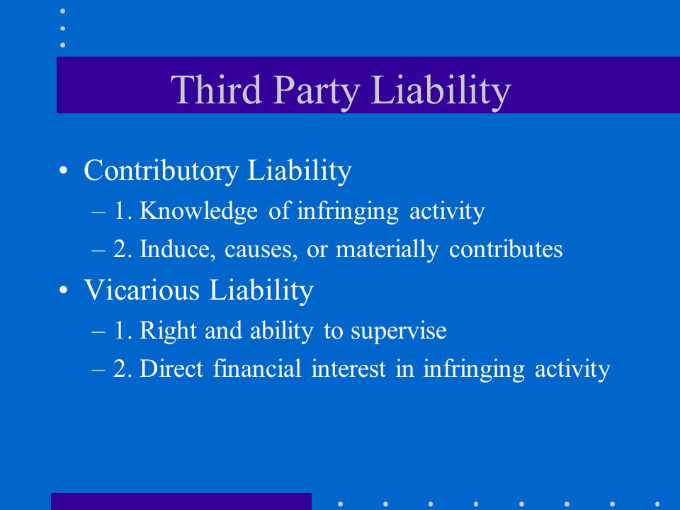 Third Party Liability Contributory Liability –1. Knowledge of infringing activity –2.