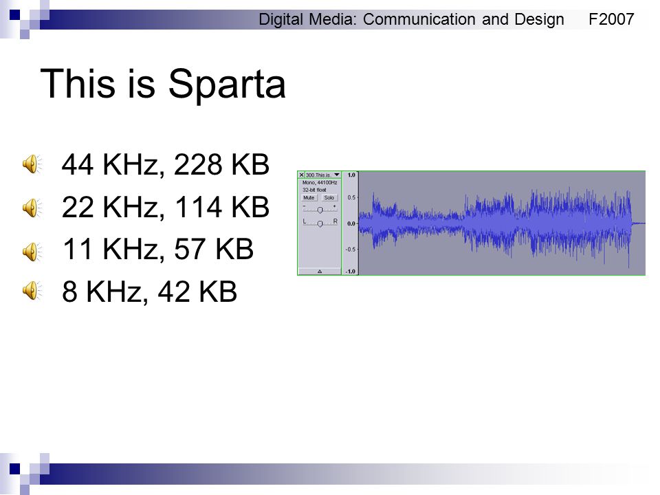 Digital Media: Communication and DesignF2007 This is Sparta 44 KHz, 228 KB 22 KHz, 114 KB 11 KHz, 57 KB 8 KHz, 42 KB