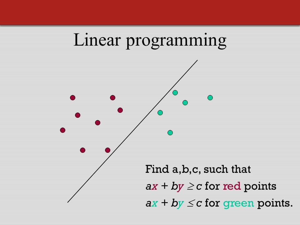 Linear programming Find a,b,c, such that ax + by  c for red points ax + by  c for green points.