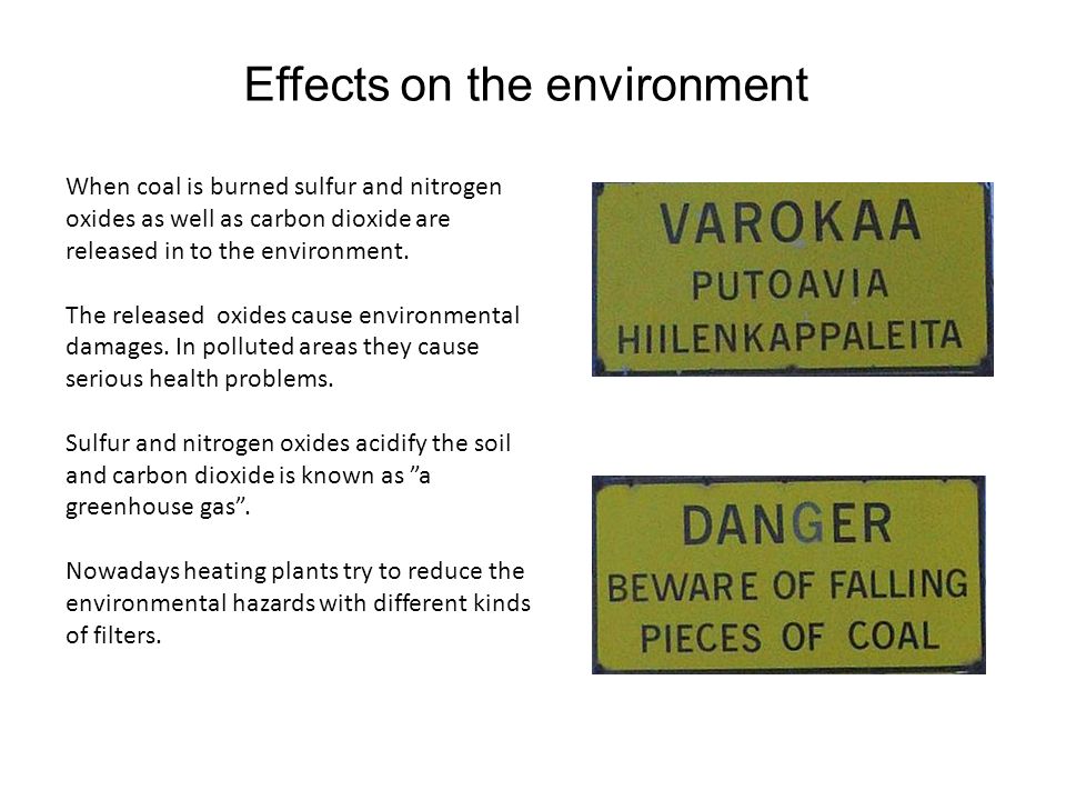 Effects on the environment When coal is burned sulfur and nitrogen oxides as well as carbon dioxide are released in to the environment.