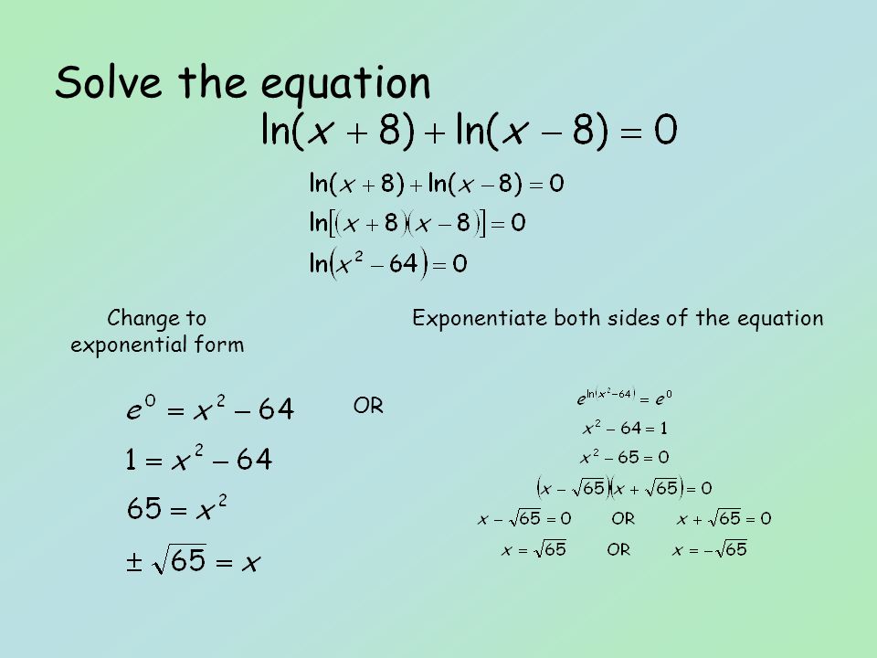 Solve the equation Change to exponential form OR Exponentiate both sides of the equation