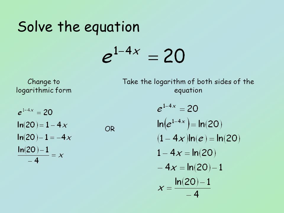 Solve the equation OR Change to logarithmic form Take the logarithm of both sides of the equation
