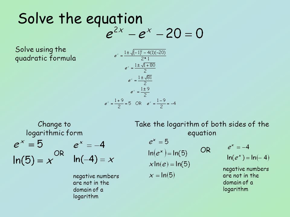 Solve the equation Change to logarithmic form OR Take the logarithm of both sides of the equation OR negative numbers are not in the domain of a logarithm Solve using the quadratic formula
