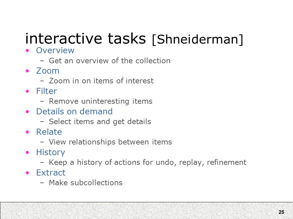 25 interactive tasks [Shneiderman] Overview –Get an overview of the collection Zoom –Zoom in on items of interest Filter –Remove uninteresting items Details on demand –Select items and get details Relate –View relationships between items History –Keep a history of actions for undo, replay, refinement Extract –Make subcollections