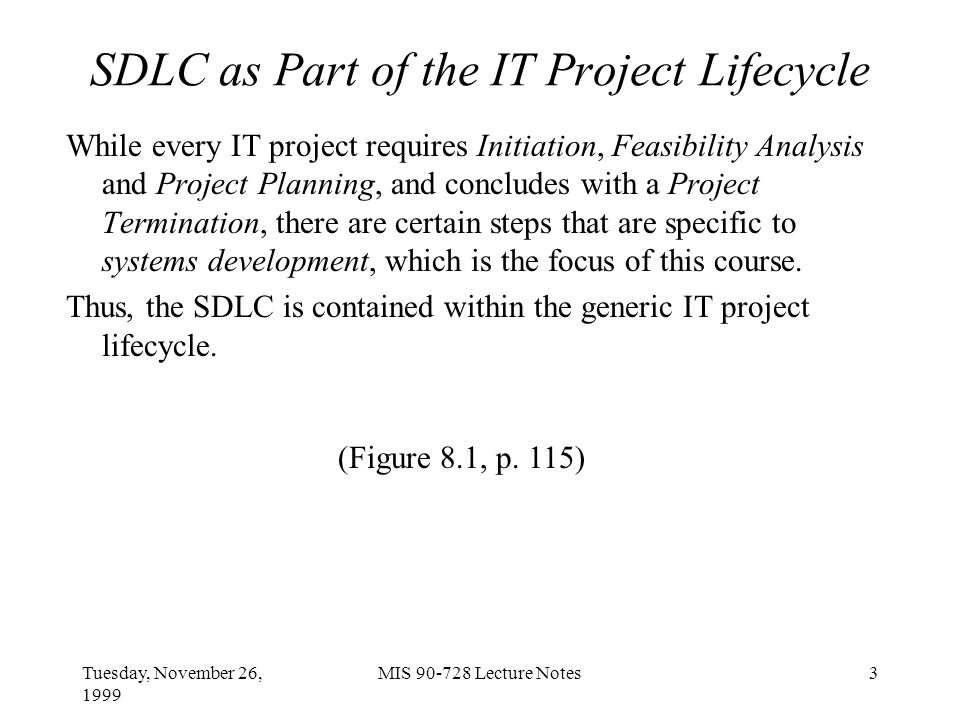 Tuesday, November 26, 1999 MIS Lecture Notes3 SDLC as Part of the IT Project Lifecycle While every IT project requires Initiation, Feasibility Analysis and Project Planning, and concludes with a Project Termination, there are certain steps that are specific to systems development, which is the focus of this course.