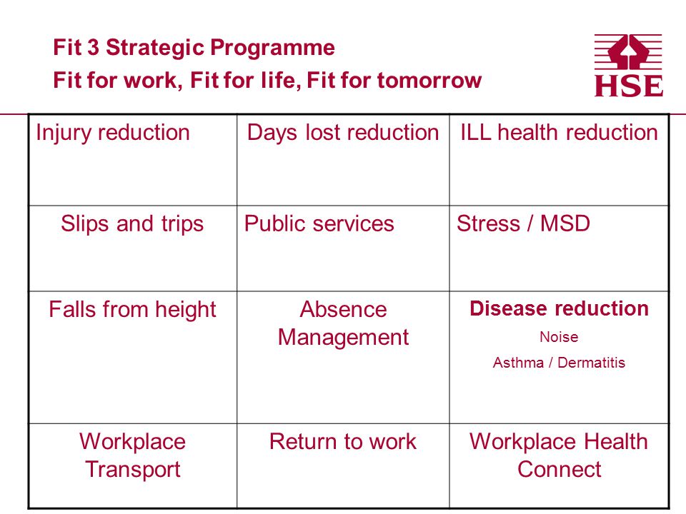 Health and Safety Executive Health and Safety Executive Fit 3 Strategic Programme Fit for work, Fit for life, Fit for tomorrow Injury reductionDays lost reductionILL health reduction Slips and tripsPublic servicesStress / MSD Falls from heightAbsence Management Disease reduction Noise Asthma / Dermatitis Workplace Transport Return to workWorkplace Health Connect