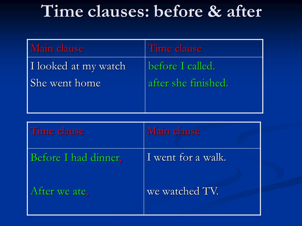 Time clauses: before & after Main clause Time clause I looked at my watch She went home before I called.