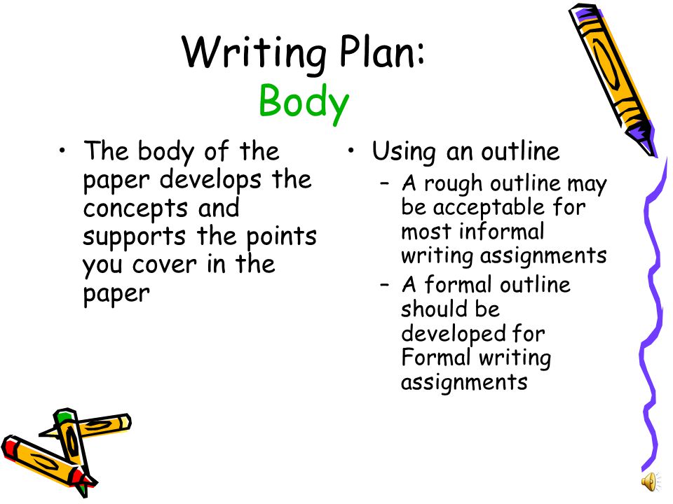 Writing Plan: Introduction States your purpose in the writing Indicates topics in the content (your main point) States your conclusion It should –Engage the reader –Spark curiosity about the topic –Tell the reader what to expect in the writing This paper will…