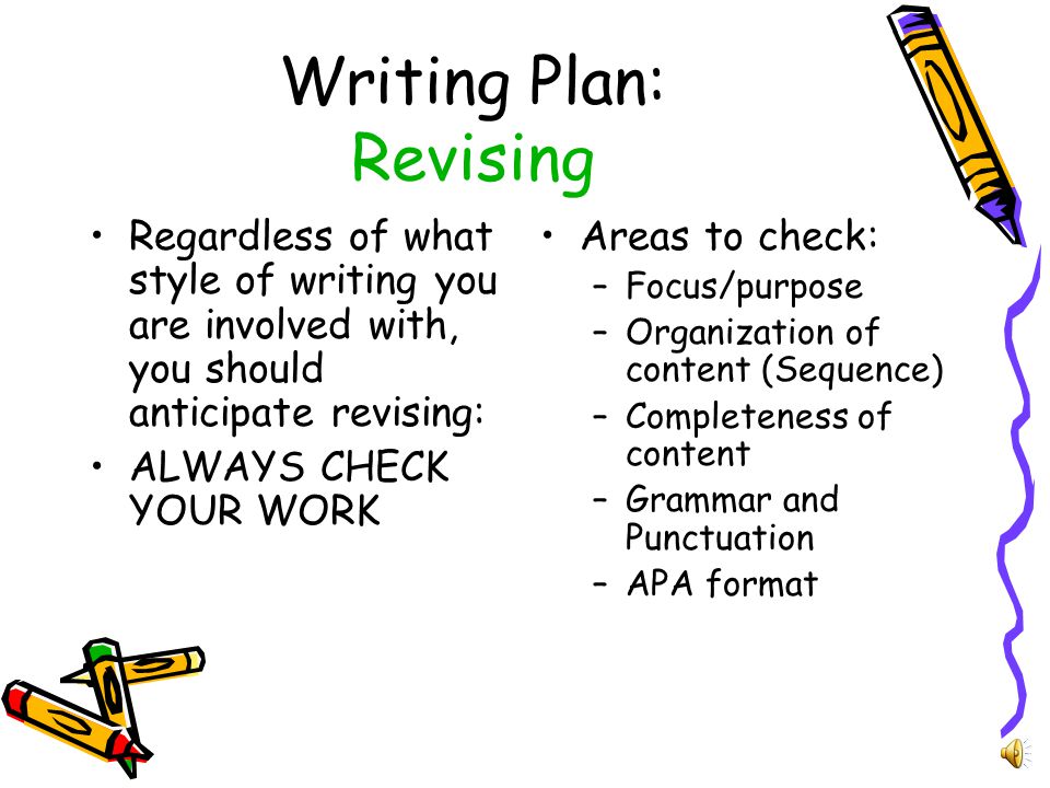 Writing Plan: Conclusion Use the conclusion to wrap up your main point(s) It may summarize the key points made in the body of your paper without introducing new concepts You may give suggestions, advice, or propose future study needs It should be decisive and come full circle (from the introduction)