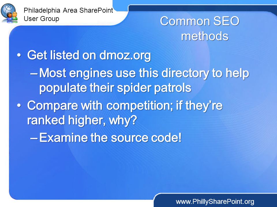Philadelphia Area SharePoint User Group Common SEO methods
