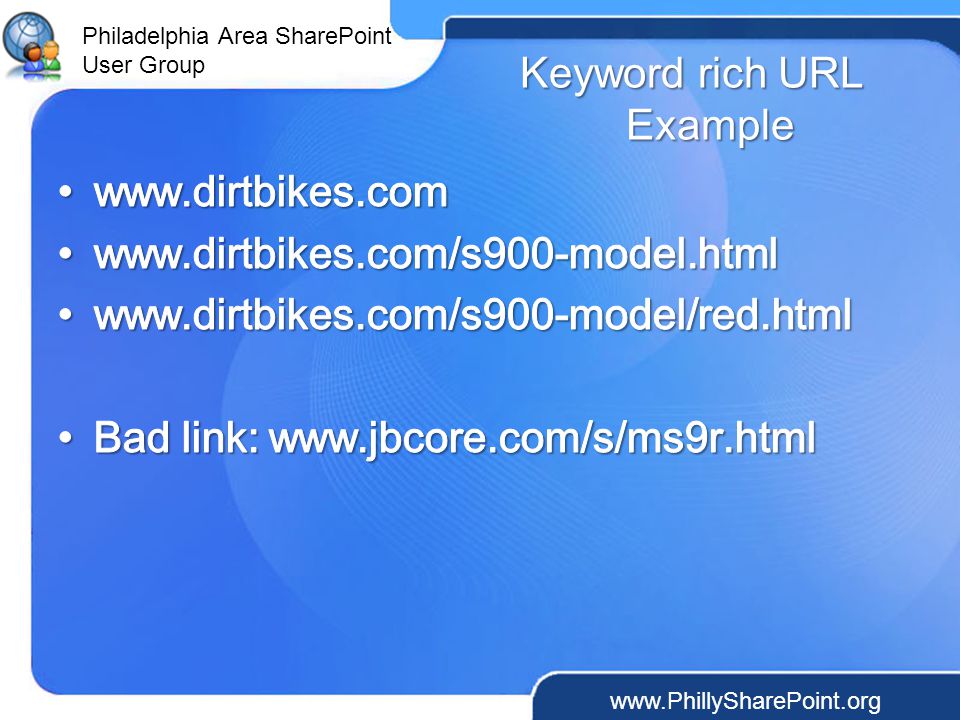 Philadelphia Area SharePoint User Group Keyword rich URL Example