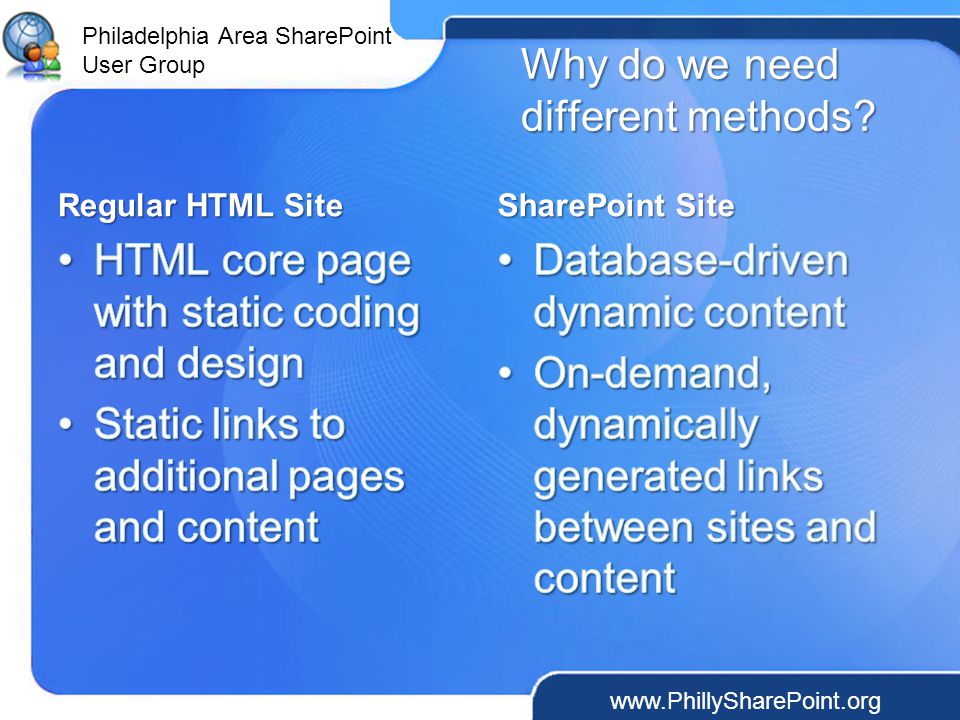 Philadelphia Area SharePoint User Group Why do we need different methods.