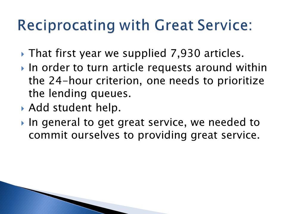  That first year we supplied 7,930 articles.