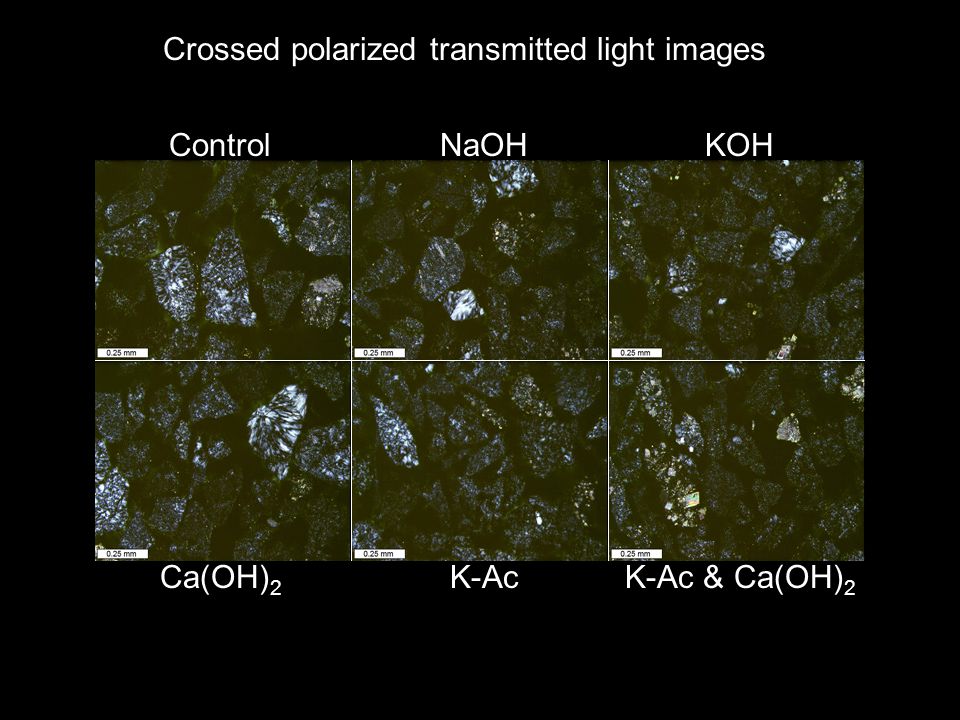 Control NaOH KOH Ca(OH) 2 K-Ac K-Ac & Ca(OH) 2 Crossed polarized transmitted light images