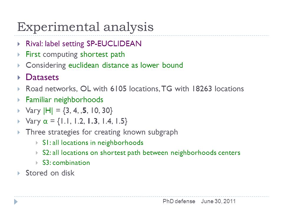 Experimental analysis  Rival: label setting SP-EUCLIDEAN  First computing shortest path  Considering euclidean distance as lower bound  Datasets  Road networks, OL with 6105 locations, TG with locations  Familiar neighborhoods  Vary |H| = {3, 4,,5, 10, 30}  Vary α = {1.1, 1.2, 1.3, 1.4, 1.5}  Three strategies for creating known subgraph  S1: all locations in neighborhoods  S2: all locations on shortest path between neighborhoods centers  S3: combination  Stored on disk June 30, 2011PhD defense