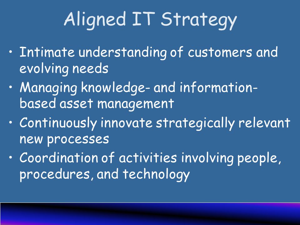 Aligned IT Strategy Intimate understanding of customers and evolving needs Managing knowledge- and information- based asset management Continuously innovate strategically relevant new processes Coordination of activities involving people, procedures, and technology