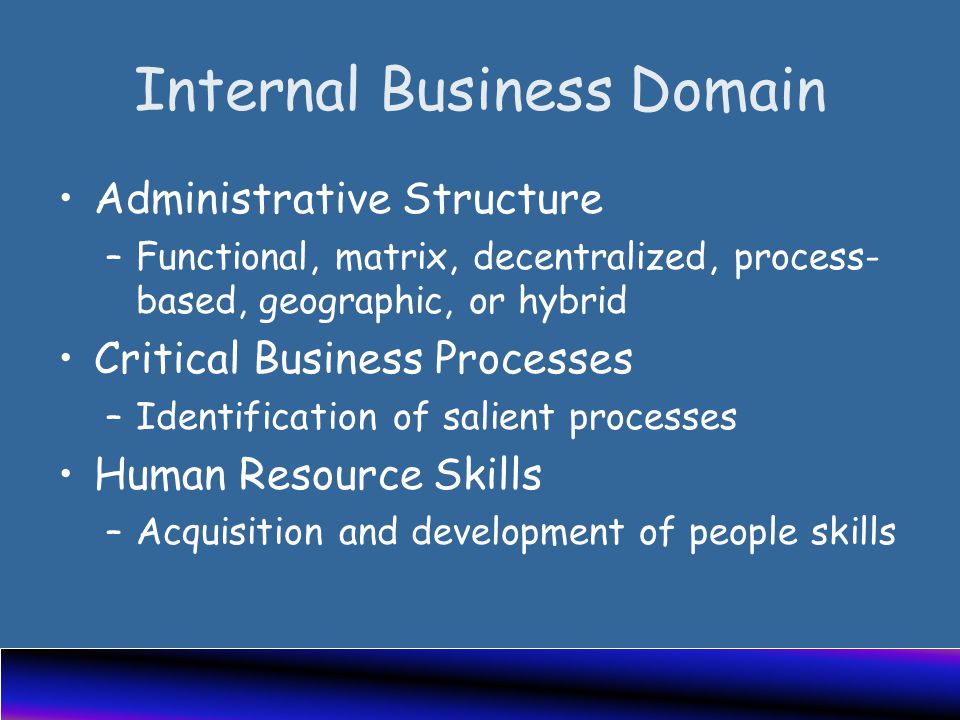 Internal Business Domain Administrative Structure –Functional, matrix, decentralized, process- based, geographic, or hybrid Critical Business Processes –Identification of salient processes Human Resource Skills –Acquisition and development of people skills
