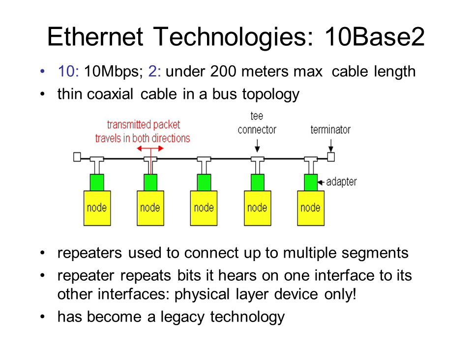Ethernet Technologies: 10Base2 10: 10Mbps; 2: under 200 meters max cable length thin coaxial cable in a bus topology repeaters used to connect up to multiple segments repeater repeats bits it hears on one interface to its other interfaces: physical layer device only.