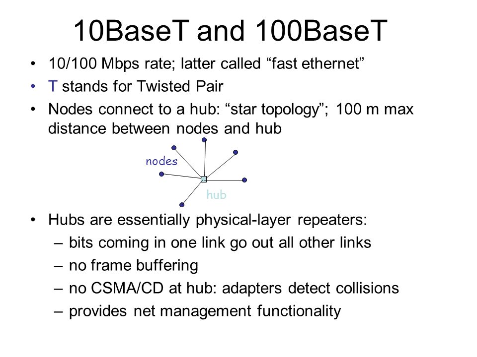10BaseT and 100BaseT 10/100 Mbps rate; latter called fast ethernet T stands for Twisted Pair Nodes connect to a hub: star topology ; 100 m max distance between nodes and hub Hubs are essentially physical-layer repeaters: –bits coming in one link go out all other links –no frame buffering –no CSMA/CD at hub: adapters detect collisions –provides net management functionality hub nodes