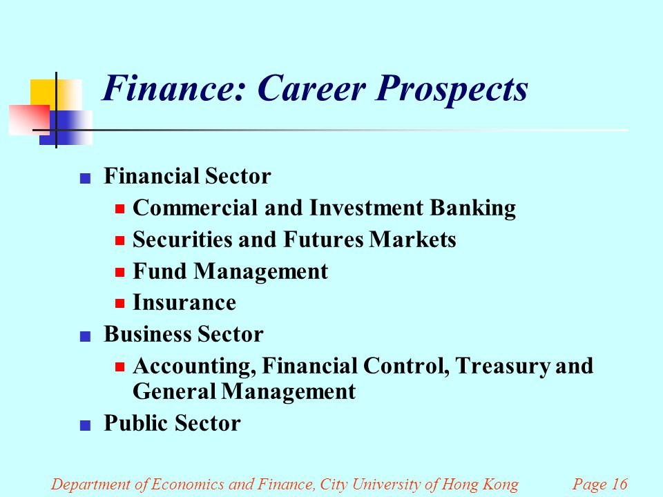 Finance: Career Prospects Financial Sector  Commercial and Investment Banking  Securities and Futures Markets  Fund Management  Insurance Business Sector  Accounting, Financial Control, Treasury and General Management Public Sector Department of Economics and Finance, City University of Hong Kong Page 16