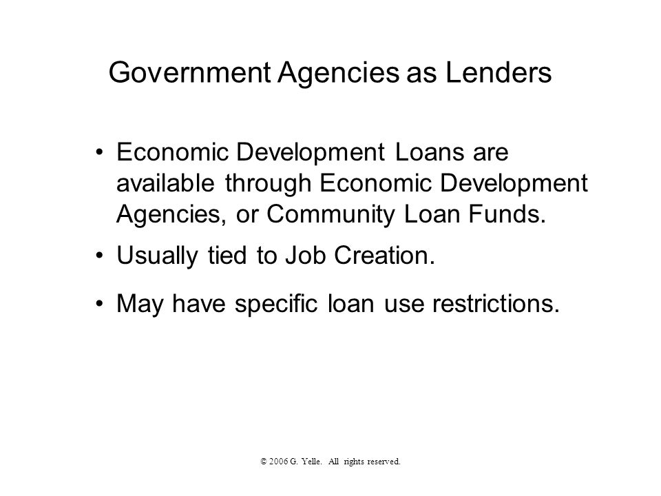 Government Agencies as Lenders Economic Development Loans are available through Economic Development Agencies, or Community Loan Funds.