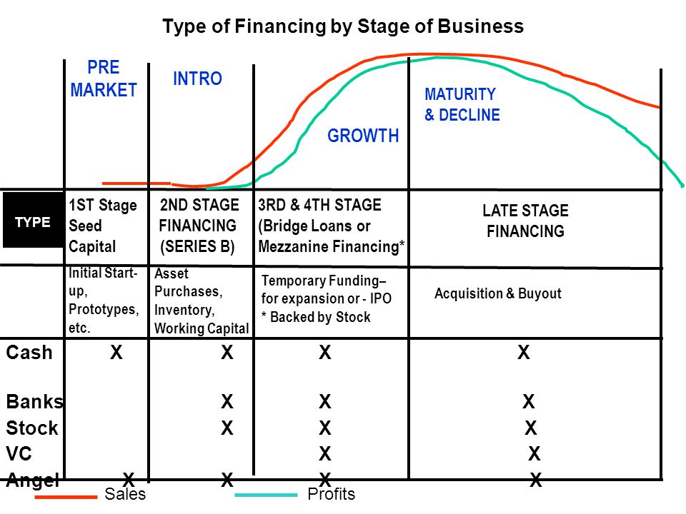 INTRO GROWTH MATURITY & DECLINE 2ND STAGE FINANCING (SERIES B) Cash XXX X BanksXX X StockXX X VCX X AngelXXX X PRE MARKET 1ST Stage Seed Capital 3RD & 4TH STAGE (Bridge Loans or Mezzanine Financing* TYPE Initial Start- up, Prototypes, etc.