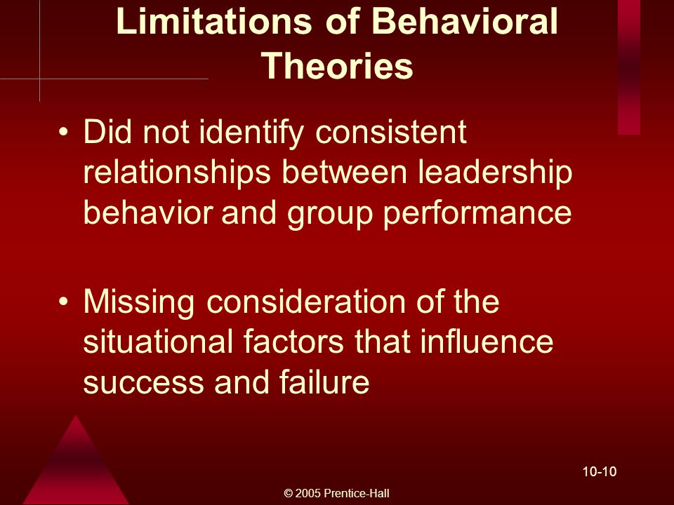 © 2005 Prentice-Hall Limitations of Behavioral Theories Did not identify consistent relationships between leadership behavior and group performance Missing consideration of the situational factors that influence success and failure