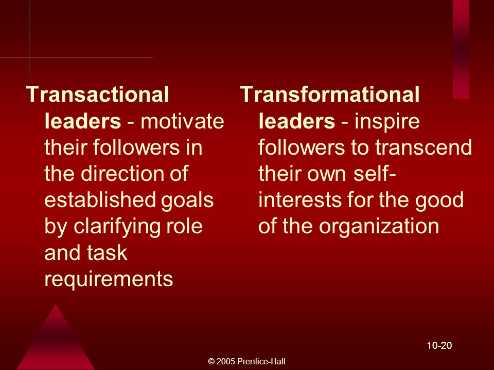 © 2005 Prentice-Hall Transactional leaders - motivate their followers in the direction of established goals by clarifying role and task requirements Transformational leaders - inspire followers to transcend their own self- interests for the good of the organization