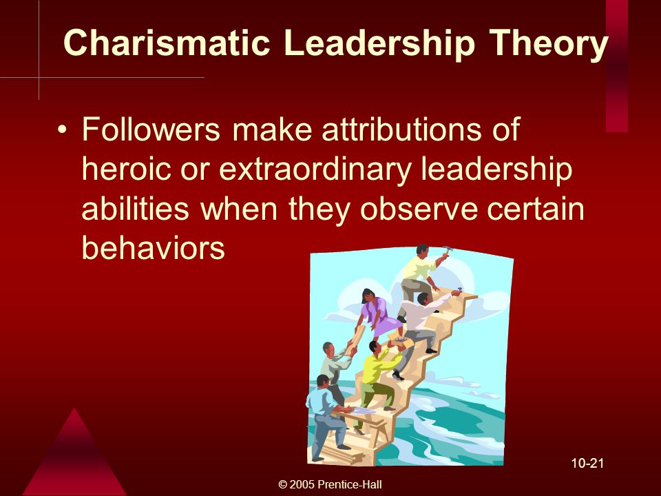 © 2005 Prentice-Hall Charismatic Leadership Theory Followers make attributions of heroic or extraordinary leadership abilities when they observe certain behaviors