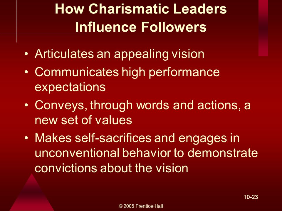 © 2005 Prentice-Hall How Charismatic Leaders Influence Followers Articulates an appealing vision Communicates high performance expectations Conveys, through words and actions, a new set of values Makes self-sacrifices and engages in unconventional behavior to demonstrate convictions about the vision