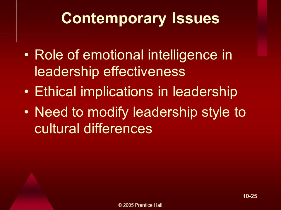 © 2005 Prentice-Hall Contemporary Issues Role of emotional intelligence in leadership effectiveness Ethical implications in leadership Need to modify leadership style to cultural differences