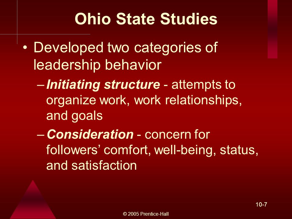 © 2005 Prentice-Hall 10-7 Ohio State Studies Developed two categories of leadership behavior –Initiating structure - attempts to organize work, work relationships, and goals –Consideration - concern for followers’ comfort, well-being, status, and satisfaction