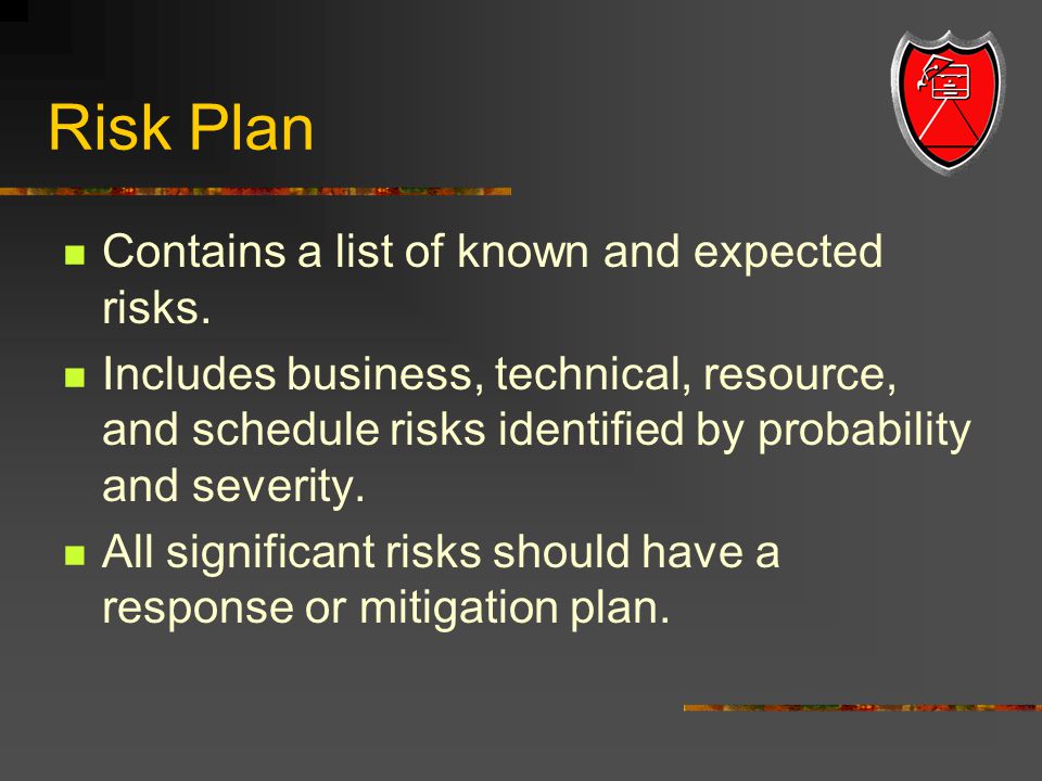 Risk Plan Contains a list of known and expected risks.