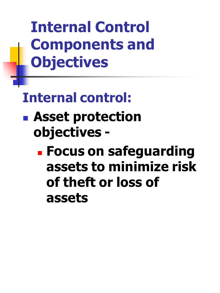 Internal Control Components and Objectives Internal control: Asset protection objectives - Focus on safeguarding assets to minimize risk of theft or loss of assets