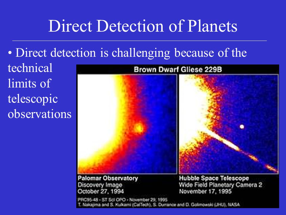 Direct Detection of Planets Direct detection is challenging because of the technical limits of telescopic observations