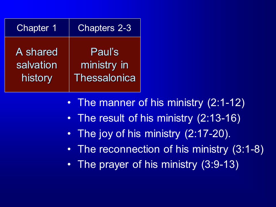 A shared salvation history The manner of his ministry (2:1-12) The result of his ministry (2:13-16) The joy of his ministry (2:17-20).